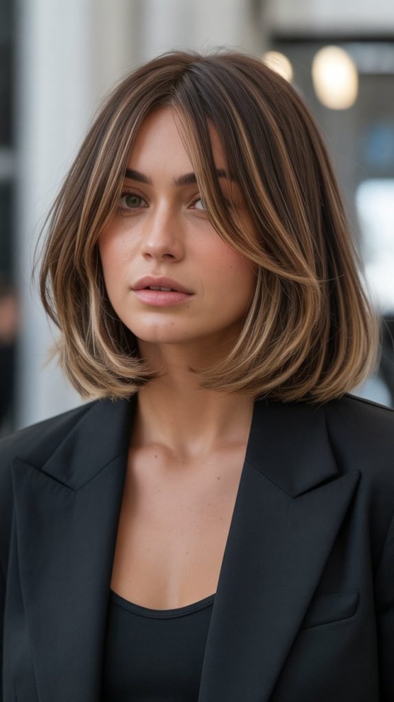 26. Long Bob with Curtain Bangs and Hidden Layers