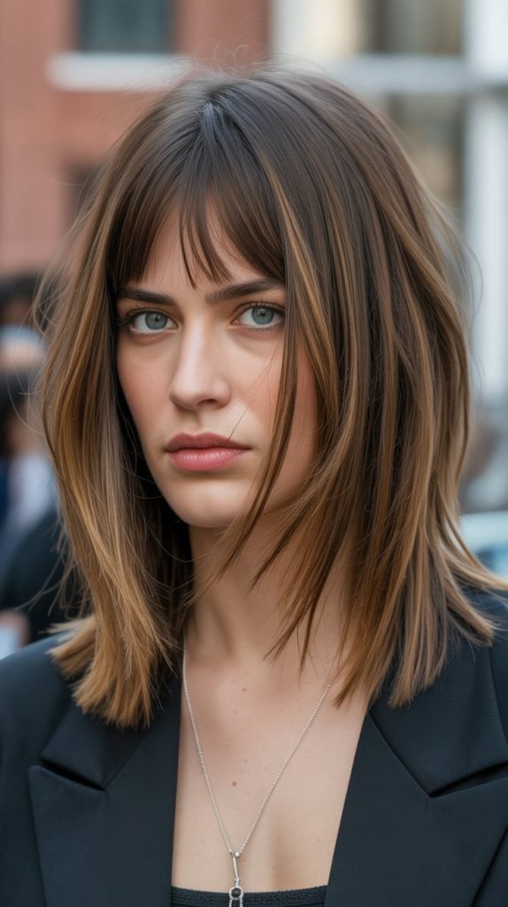 26. Long Bob with Curtain Bangs and Disconnected Layers