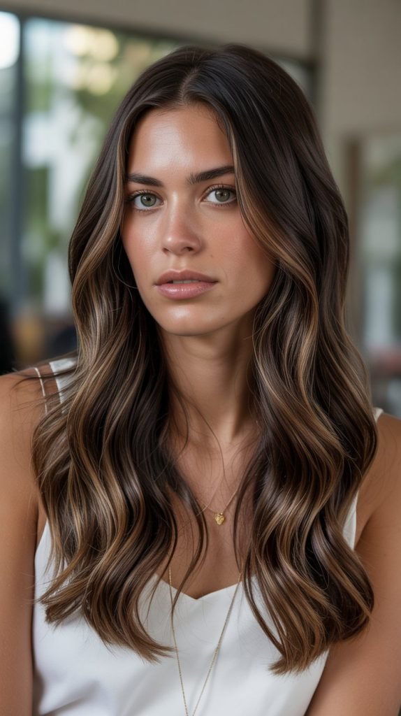 1. Classic Caramel Balayage on Dark Brunette