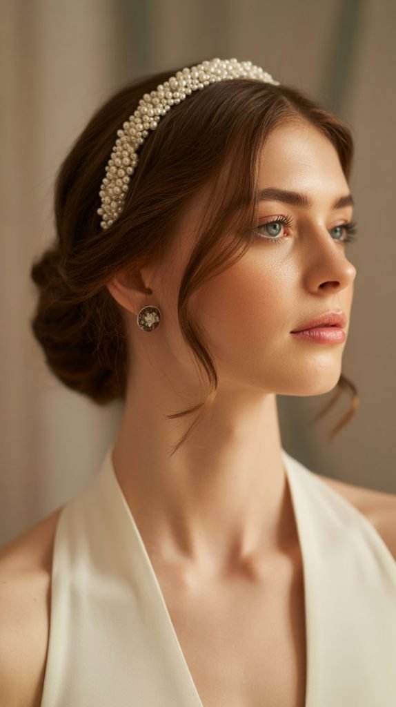 7. Low Chignon with Pearl-Studded Headband
