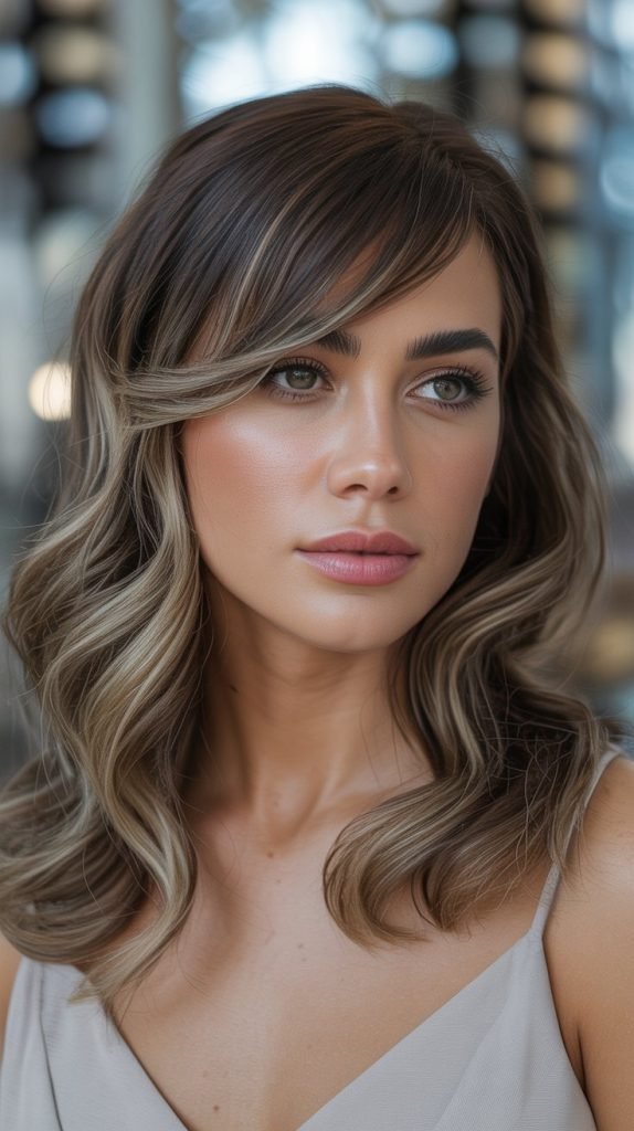  Ash Blonde Highlights with Side-Swept Bangs