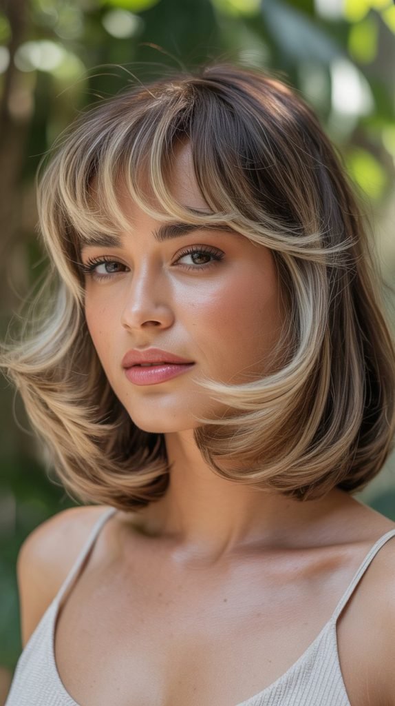 Beige Blonde Highlights with Feathered Bangs