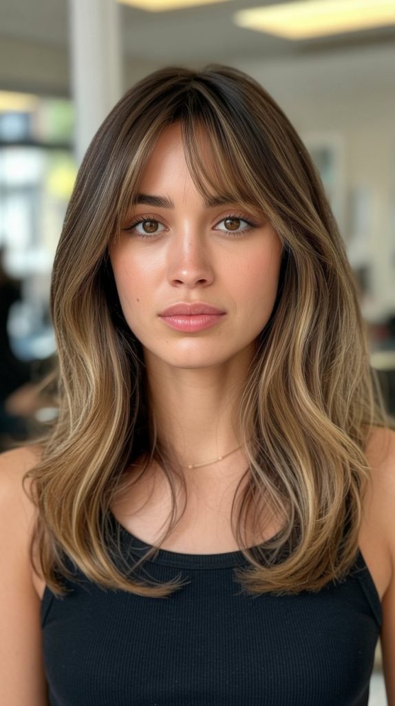 Classic Honey Blonde Balayage with Curtain Bangs