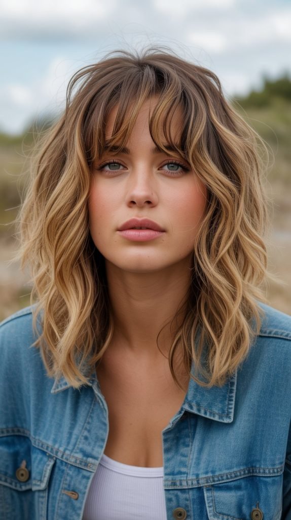 2. Messy Textured Long Bob with Curtain Bangs