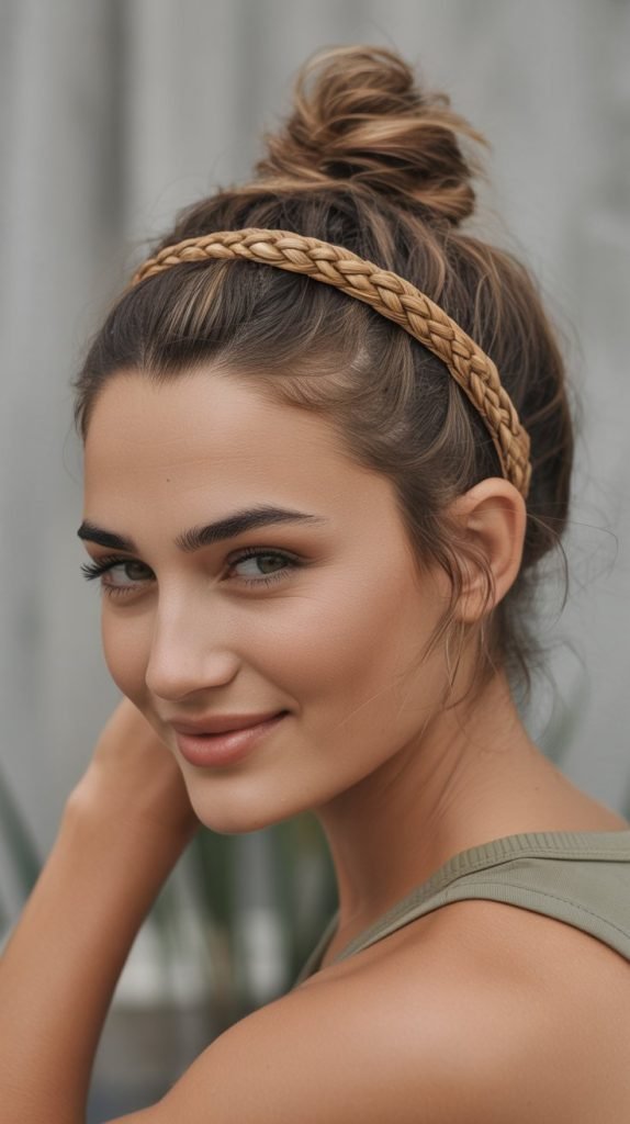 3. Messy Top Knot with Thin Braided Headband