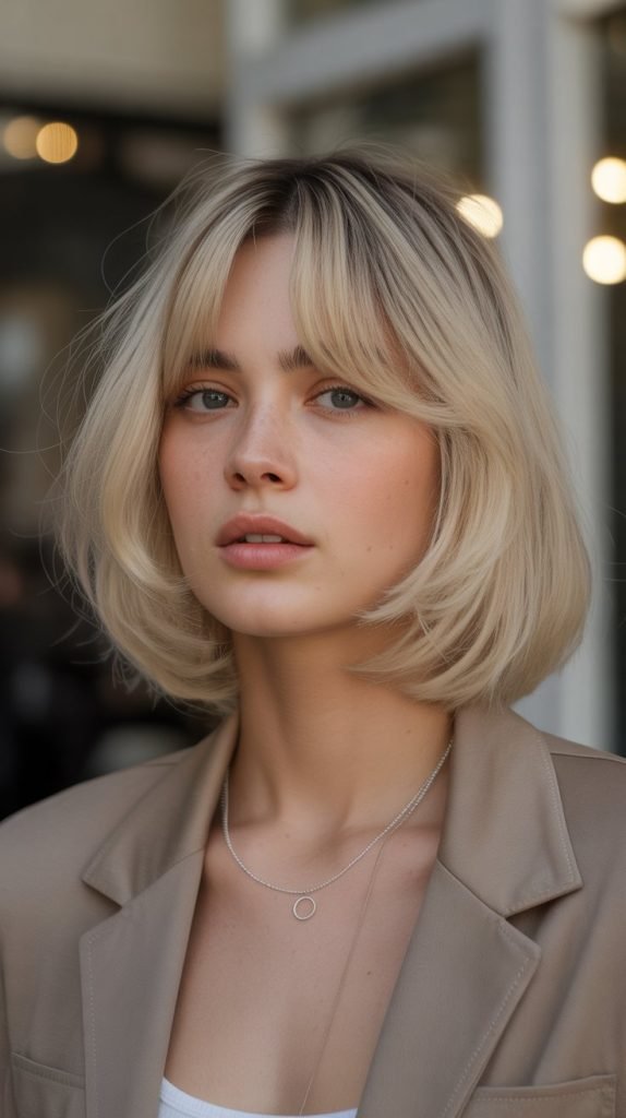 18. Mushroom Blonde Bob with Curtain Bangs