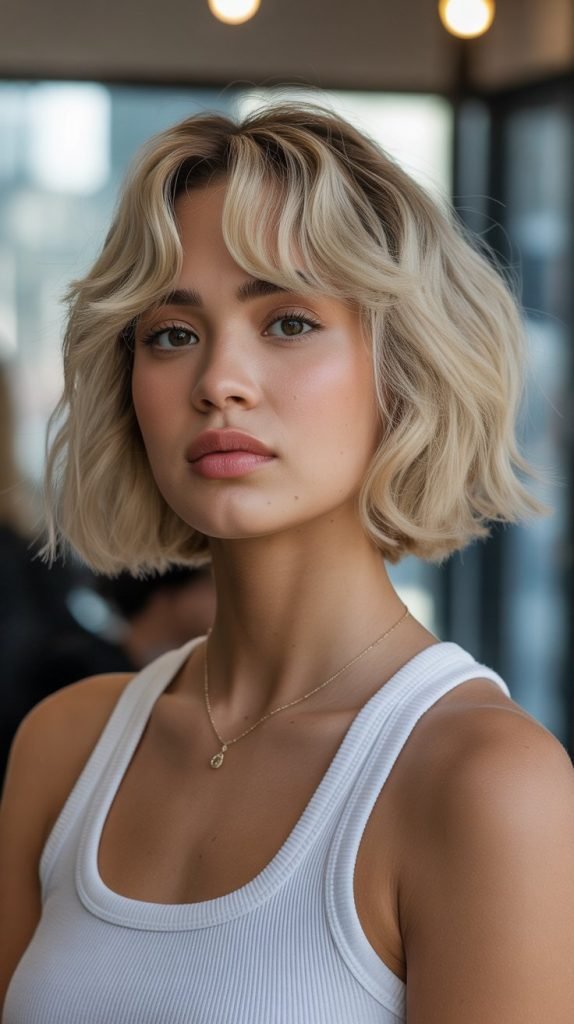 16. Mushroom Blonde Bob with Curtain Bangs