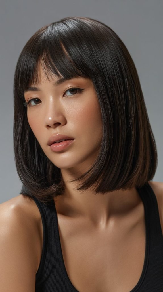 13. Natural Black Long Bob with Sleek Curtain Bangs