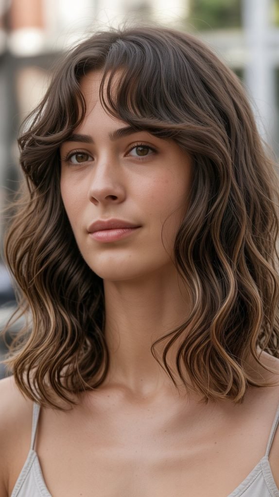  Angled Long Bob with Curtain Bangs for Wavy Hair