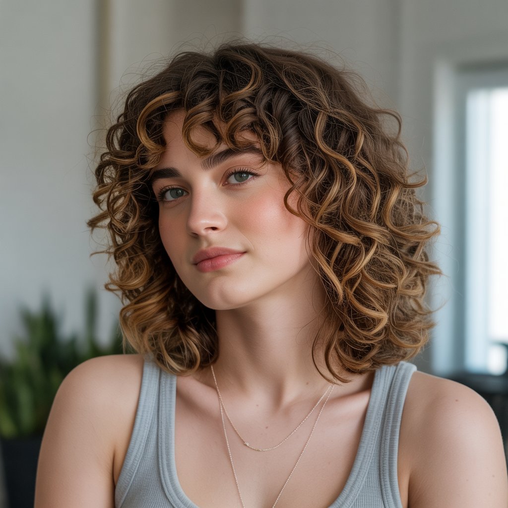 17. Curly Long Bob with Curtain Bangs