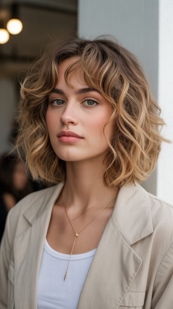 21. Long Bob with Curtain Bangs for Wavy Hair