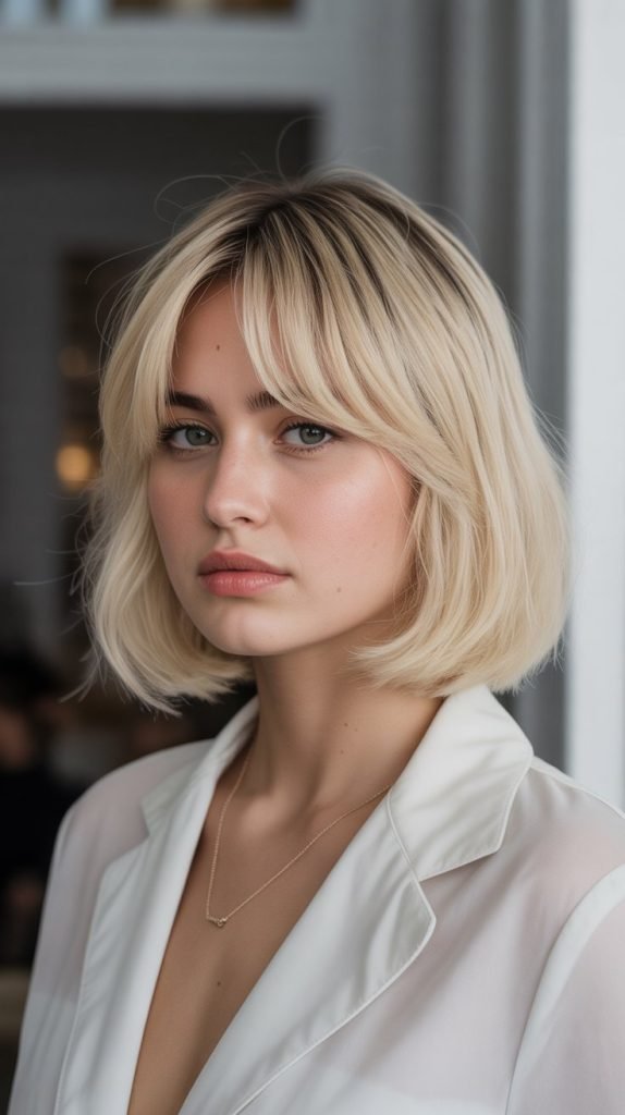 25. Nude Blonde Bob with Curtain Bangs