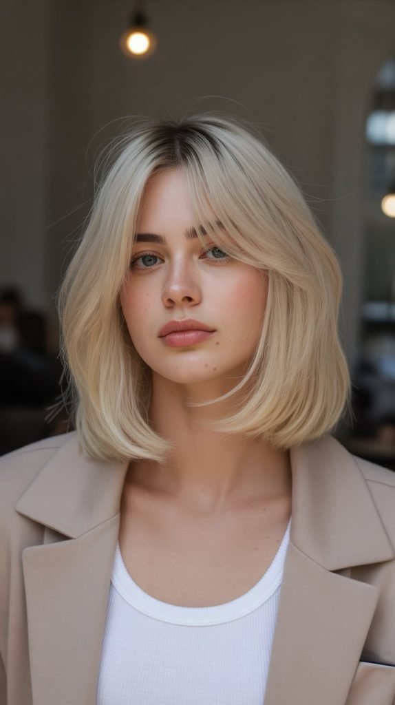 Nude Blonde Lob with Curtain Bangs