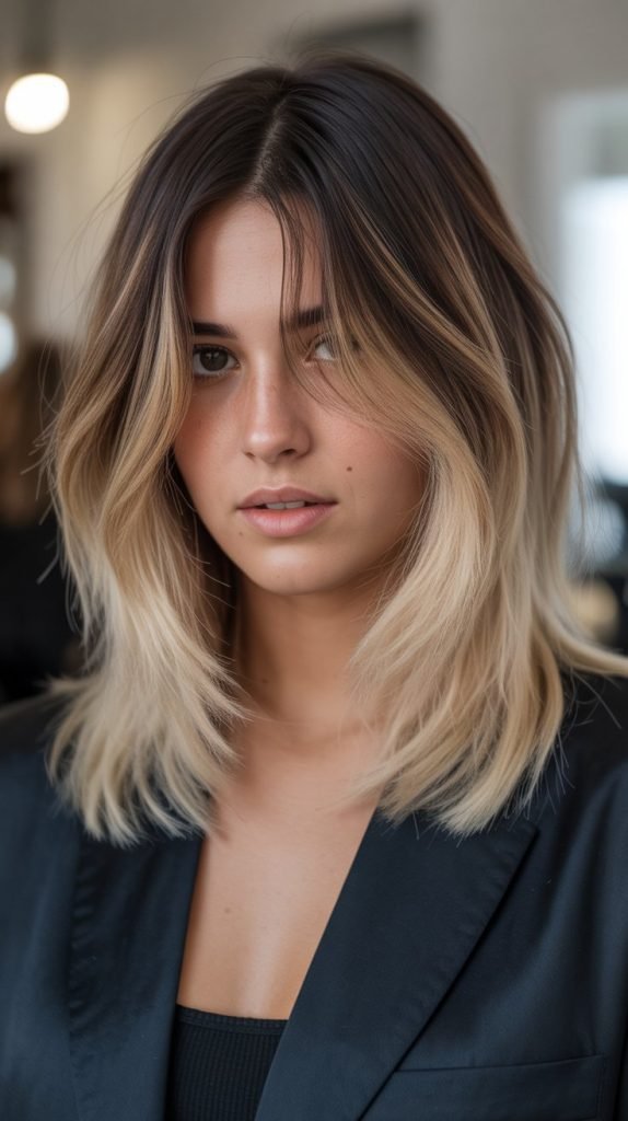 18. Ombre Long Bob with Transitional Curtain Bangs