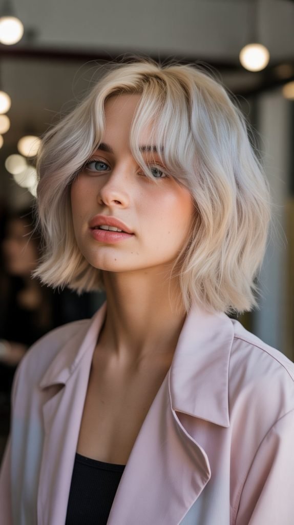 28. Opal Blonde Bob with Curtain Bangs