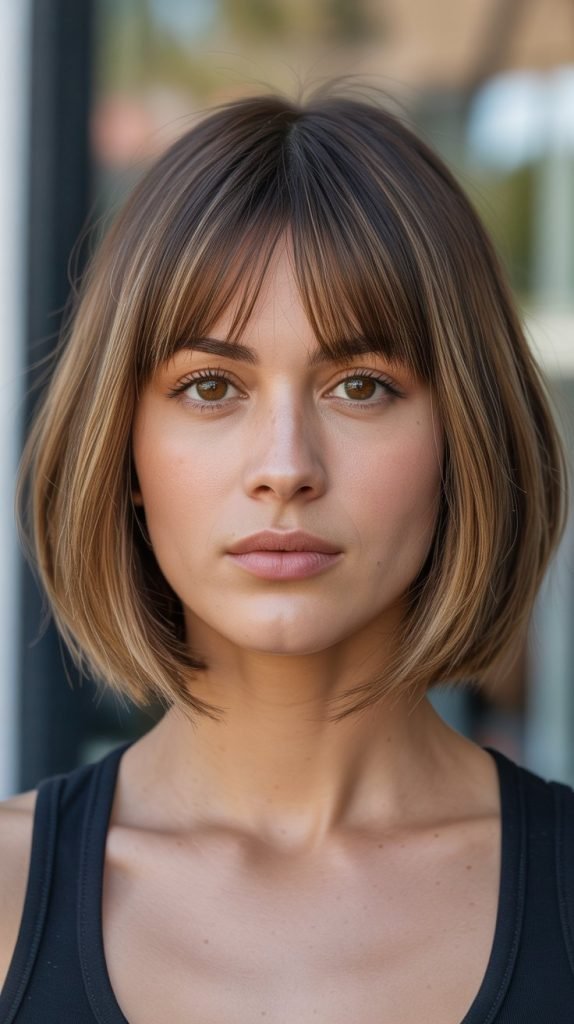 Angled Long Bob with Curtain Bangs for Oval Face Shapes