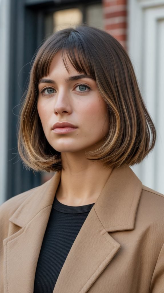 22. Long Bob with Curtain Bangs for Oval Faces