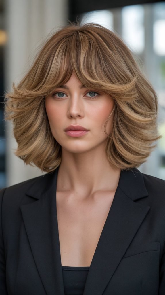 20. Voluminous Long Bob with Curtain Bangs