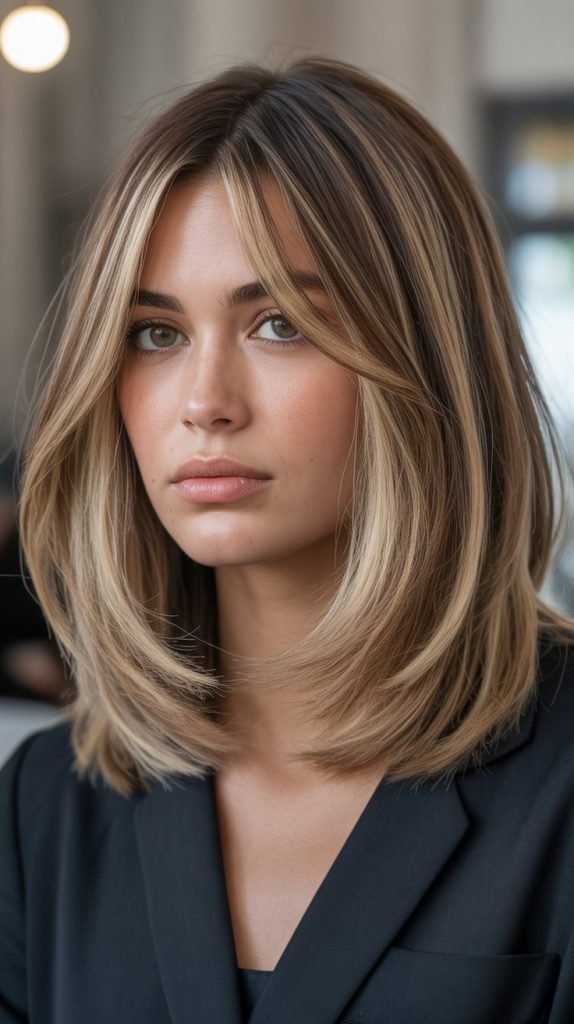 30. Long Bob with Curtain Bangs and Highlights
