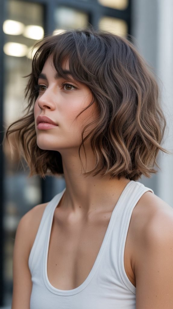 2. Textured Long Bob with Wispy Curtain Bangs