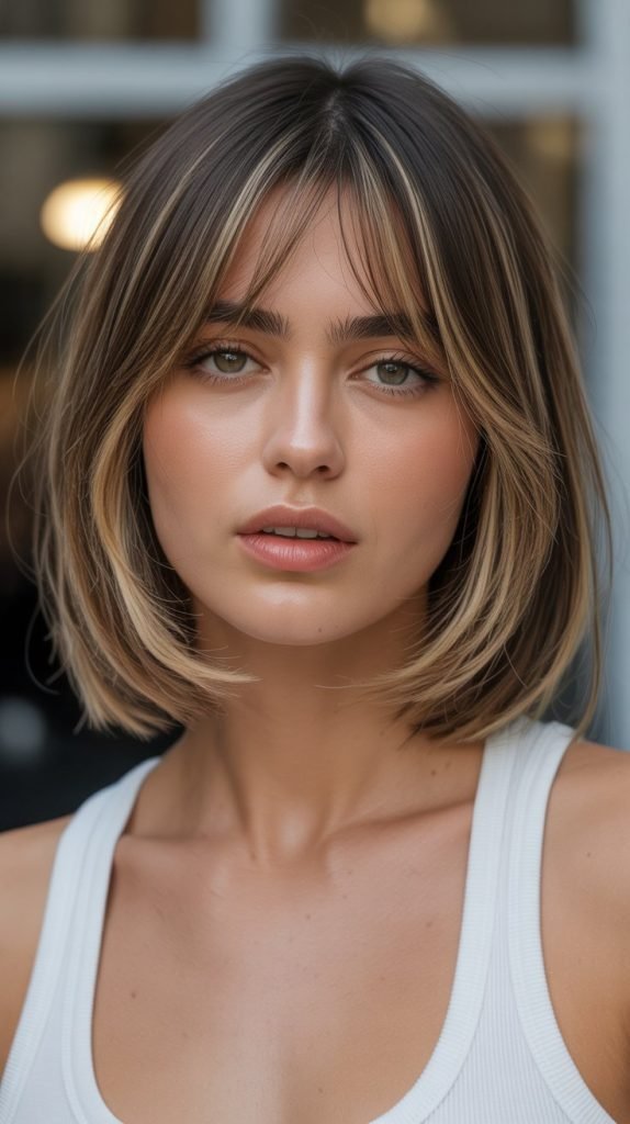 22. Long Bob with Curtain Bangs and Face-Framing Highlights