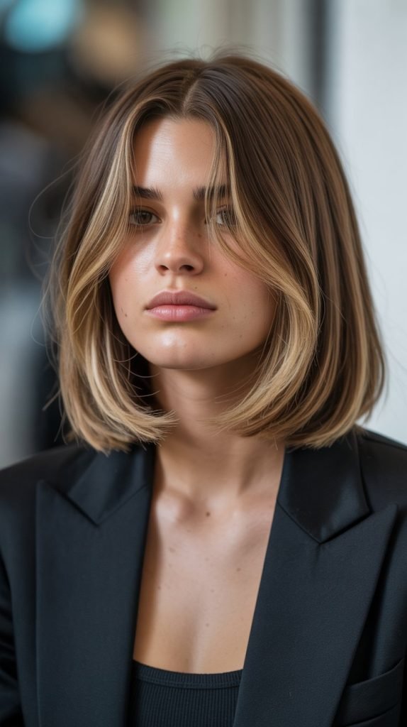 14. Long Bob with Curtain Bangs and Face-Framing Highlights