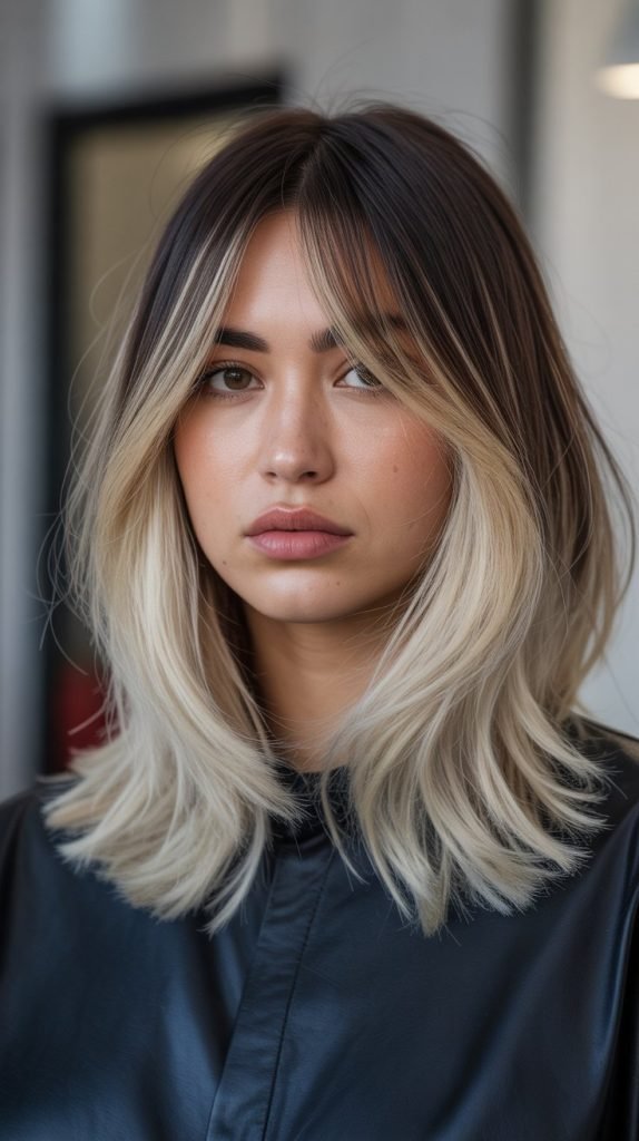 19. Long Bob with Curtain Bangs and Ombré