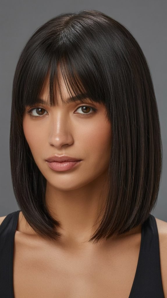 11. Sleek Straight Long Bob with Middle Part Curtain Bangs
