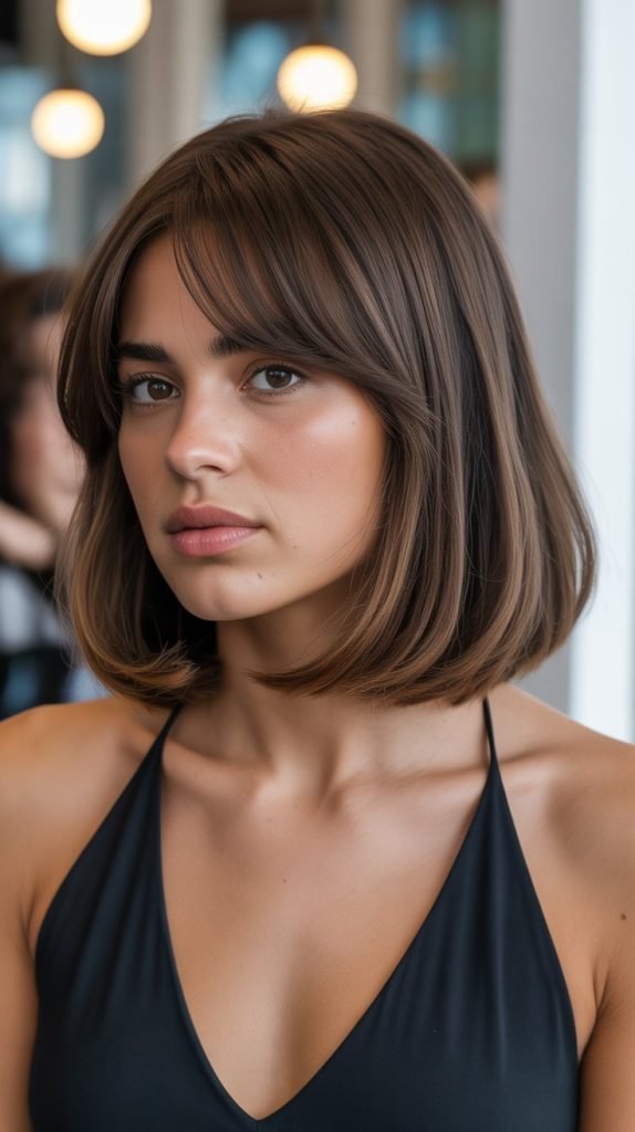 33. Long Bob with Curtain Bangs for Thick Hair