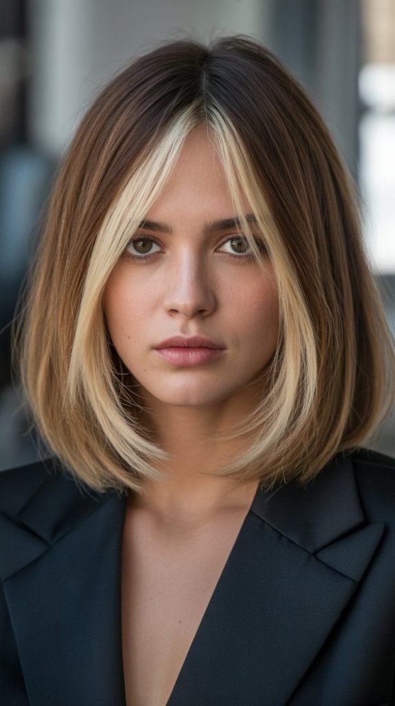 26. Long Bob with Curtain Bangs and Money Pieces