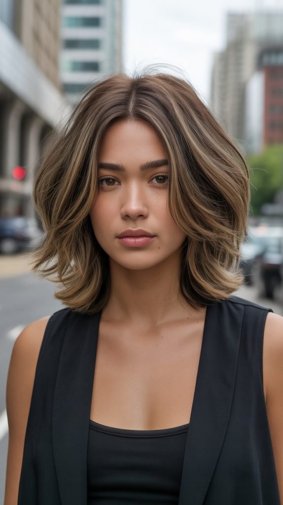 5. Layered Long Bob with Choppy Curtain Bangs