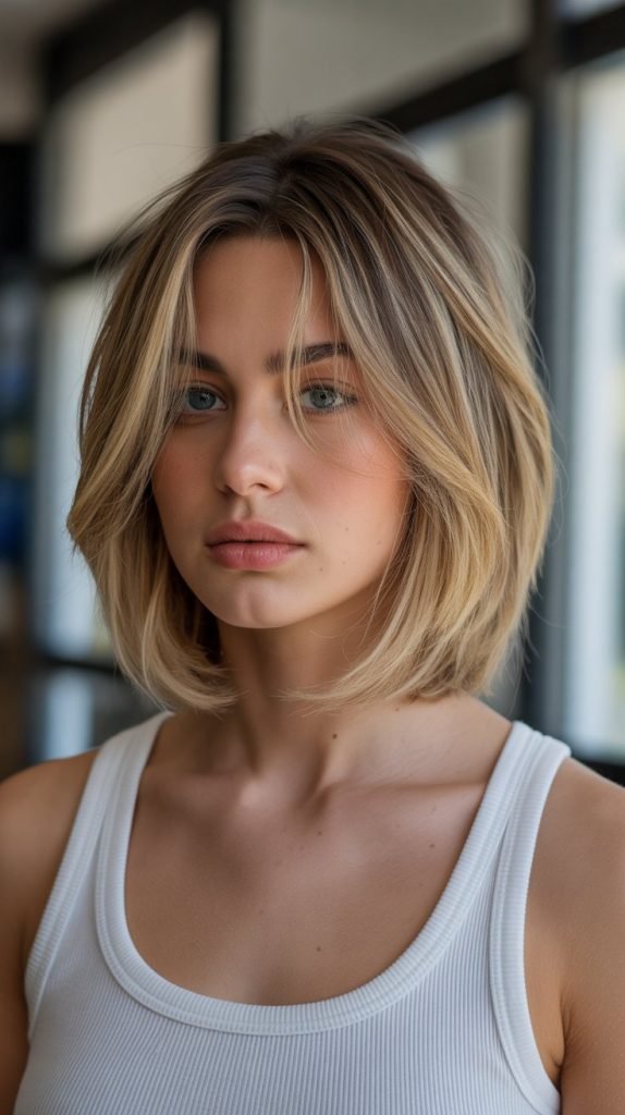 18. Long Bob with Curtain Bangs and Razored Ends