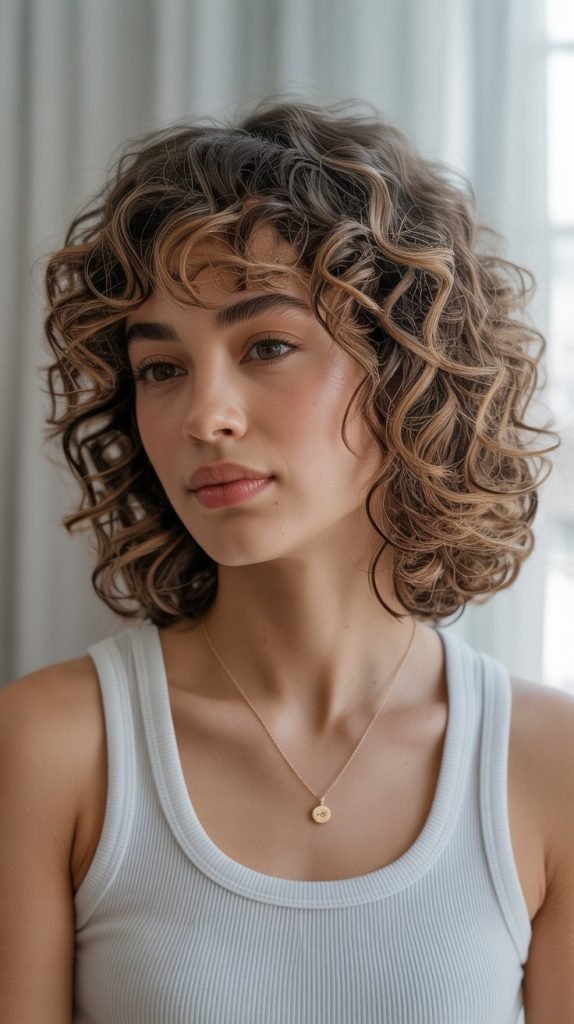 8. Curly Long Bob with Curtain Bangs