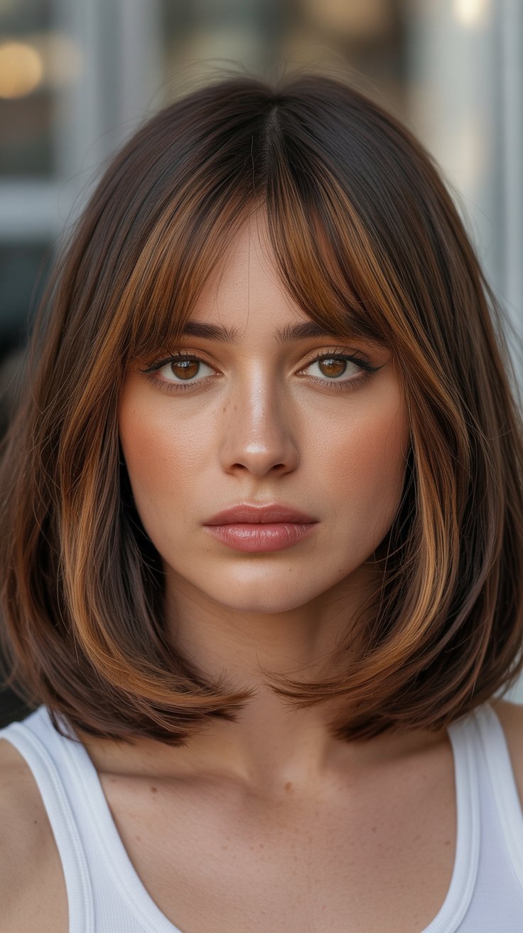 17. Brunette Long Bob with Caramel Curtain Bangs