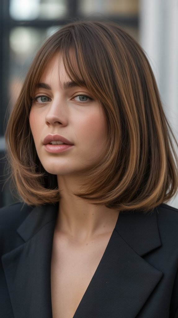 32. Long Bob with Curtain Bangs and Dimensional Brown