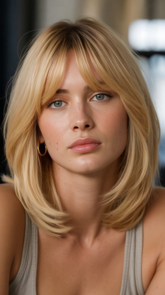 22. Honey Blonde Long Bob with Curtain Bangs