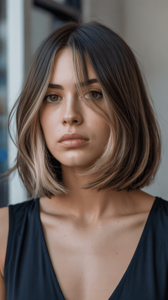 34. Long Bob with Curtain Bangs and Peekaboo Highlights