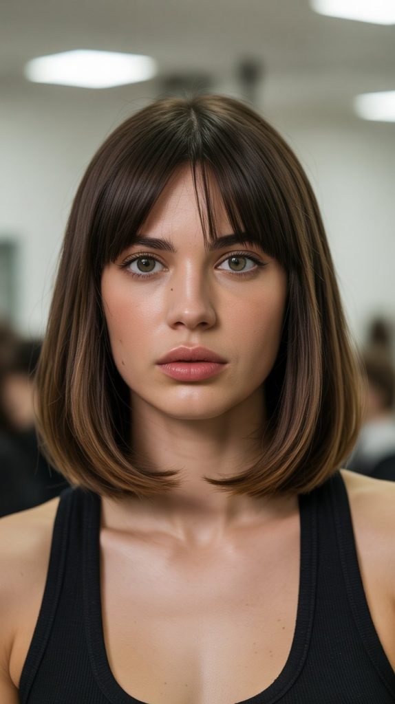 1. Classic Blunt Long Bob with Soft Curtain Bangs