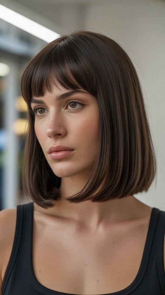 31. Long Bob with Curtain Bangs and Glass Hair Finish