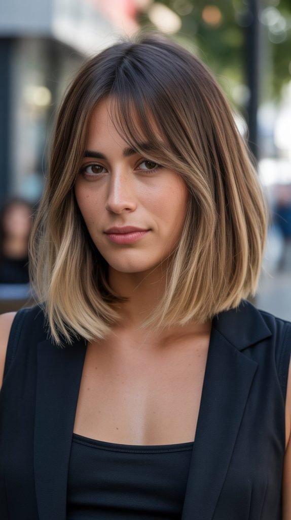 7. Long Bob with Curtain Bangs and Balayage