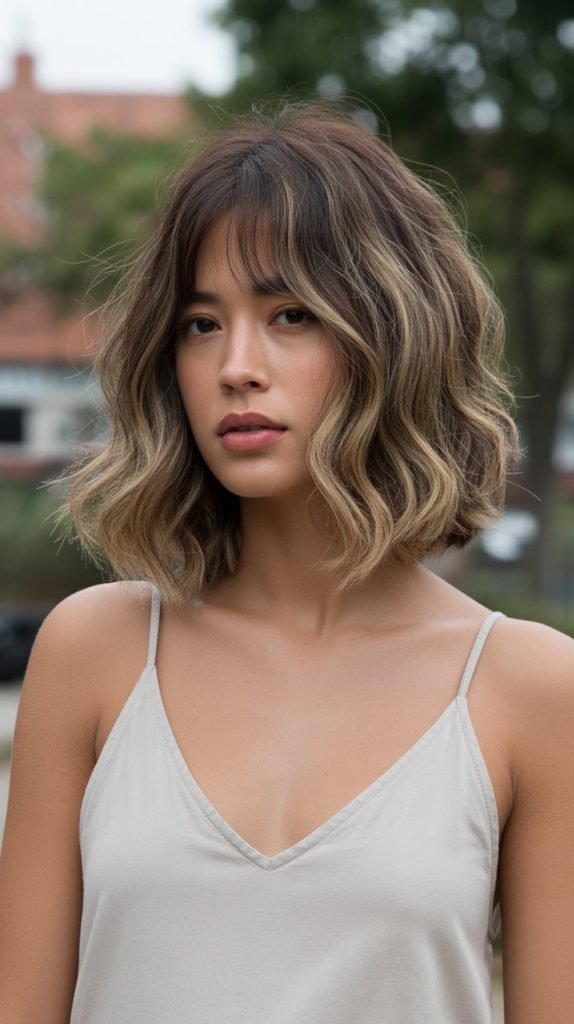 27. Long Bob with Curtain Bangs and Beach Waves