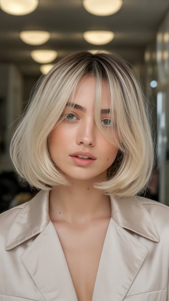 13. Pearl Blonde Bob with Curtain Bangs and Balayage