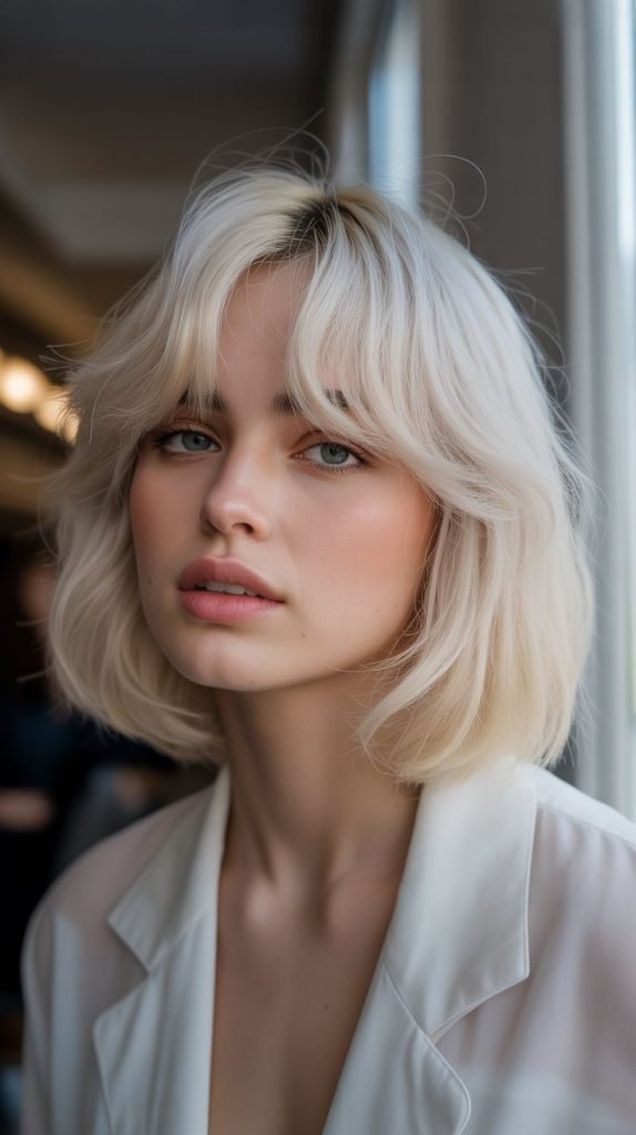 9. Pearl Blonde Bob with Feathered Curtain Bangs