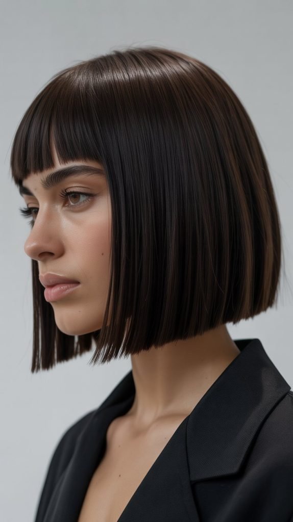 Sharp Angled Long Bob with Curtain Bangs for Straight Hair