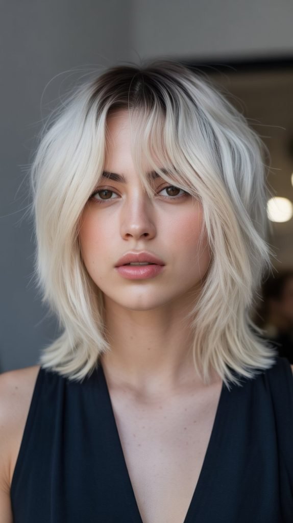 23. Platinum Bob with Curtain Bangs and Dark Roots