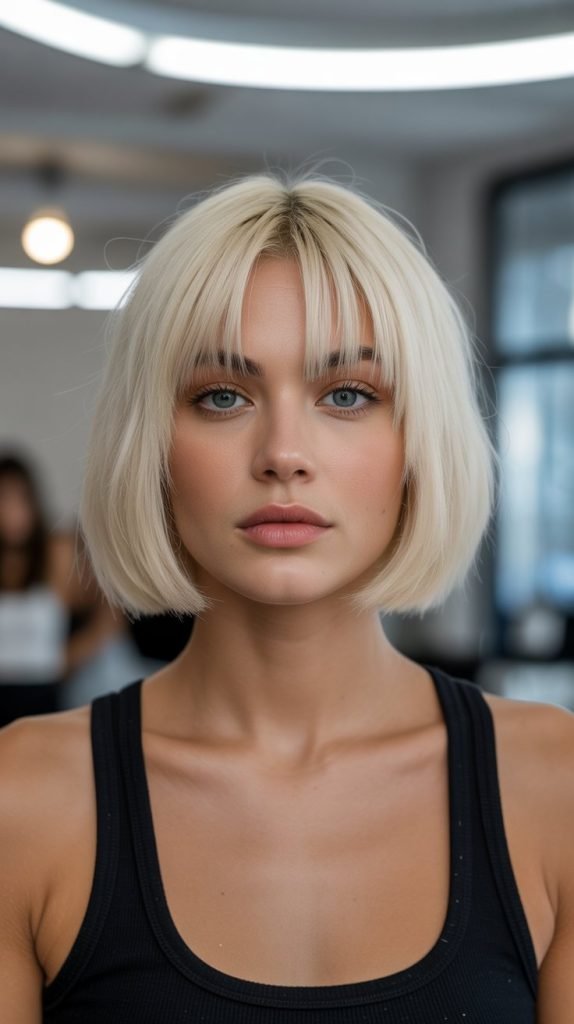 3. Platinum Blonde Blunt Bob with Center-Parted Curtain Bangs