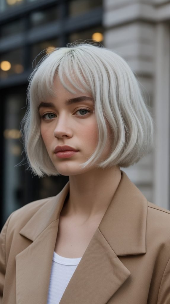 20. Platinum Silver Blonde Bob with Micro Curtain Bangs
