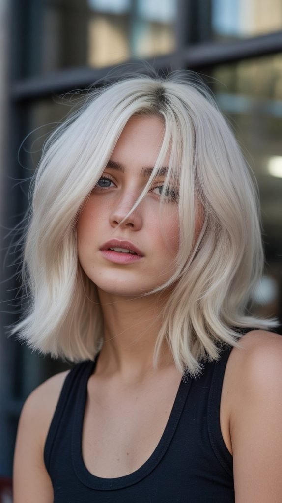 10. Platinum Blonde Long Bob with Soft Curtain Bangs