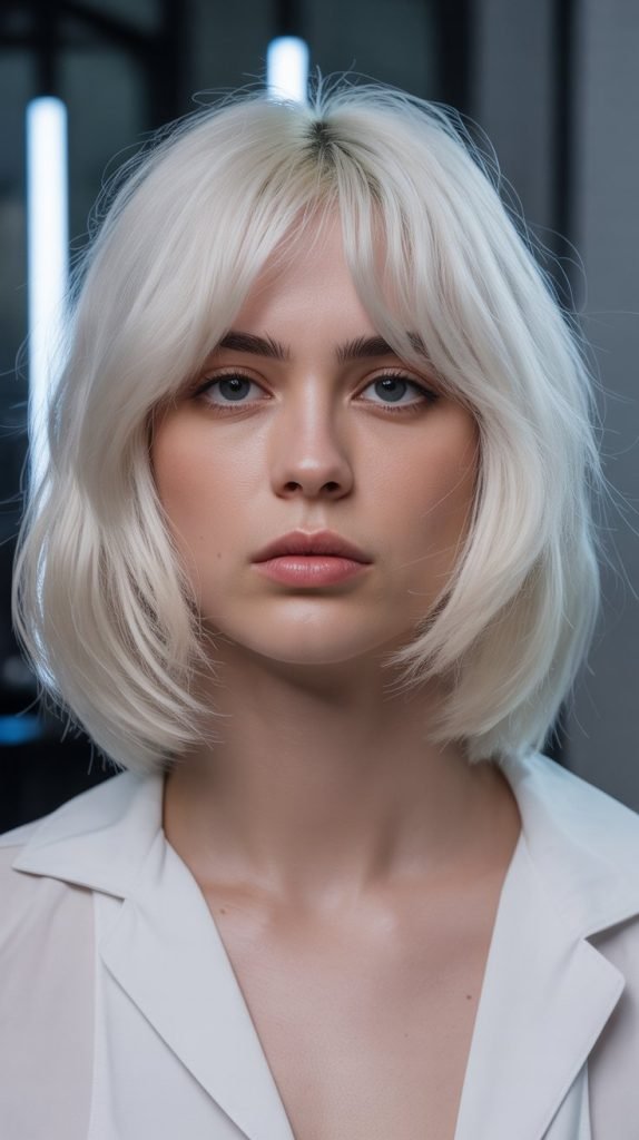 Platinum Blonde Inverted Bob with Curtain Bangs
