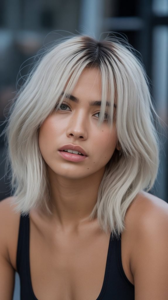 Platinum Long Bob with Contrasting Dark Root Curtain Bangs